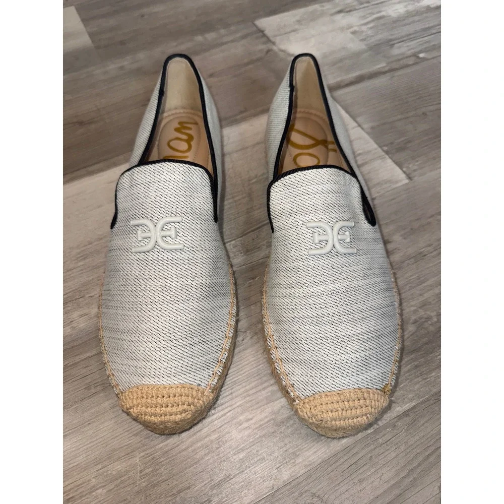 Sam Edelman Kathleen Espadrille Flats Women Light Grey White Fabric SE Logo 8.5M